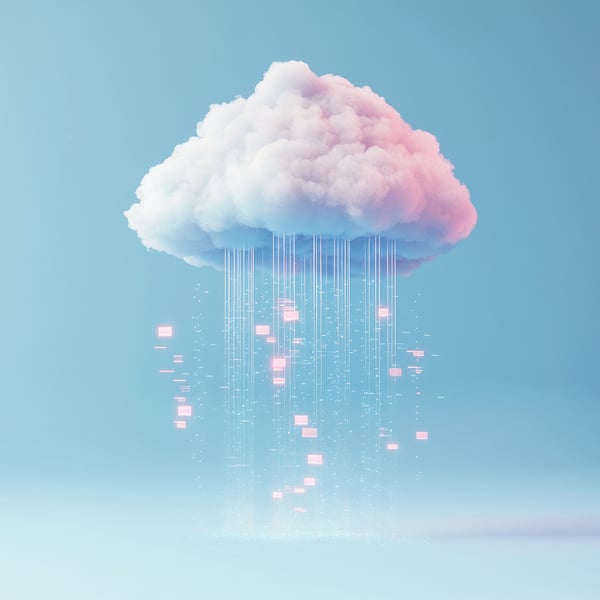 Ett fluffigt, pastellfärgat moln som regnar ner digitala rutor och binär kod mot en mjukblå bakgrund, vilket symboliserar dataflöde.