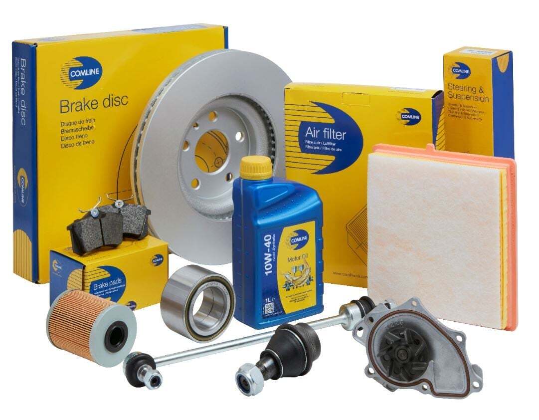 Assorted car parts and maintenance products including brake disc, air filter, motor oil, brake pads, and suspension components.