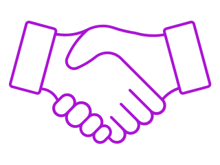 Två händer som skakar hand i en stiliserad lila kontur, som symboliserar partnerskap och överenskommelse, med en subtil uppmaning till samarbete.