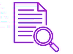 Ett dokument med punktlistor tillsammans med ett förstoringsglas, som symboliserar forsknings- eller inspektionsuppgifter.